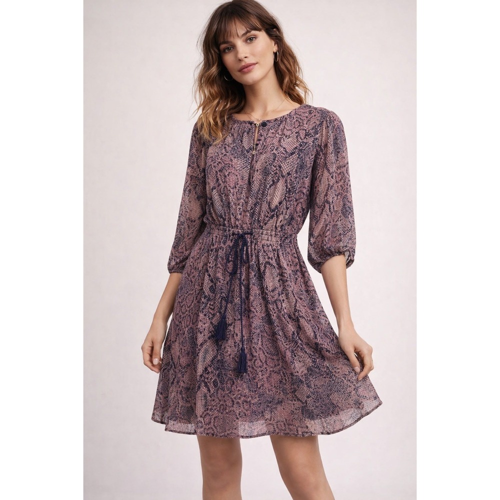 Floreat Snakeskin Mini Dress M Pink Purple‎ Boho Tassel Tie Waist 3/4 Sleeve
